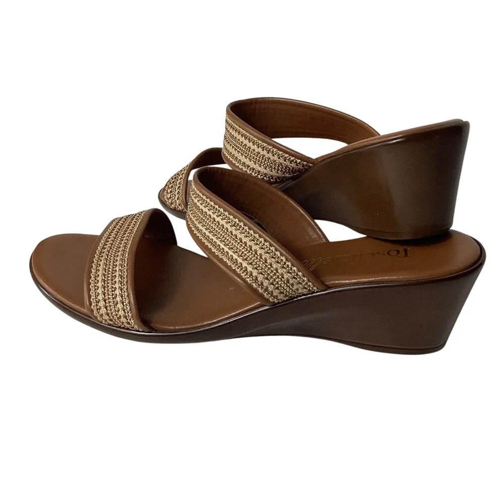 Toscanella Italian Brown Leather Wedge Sandals Gold Woven Slides Size 8 Italy